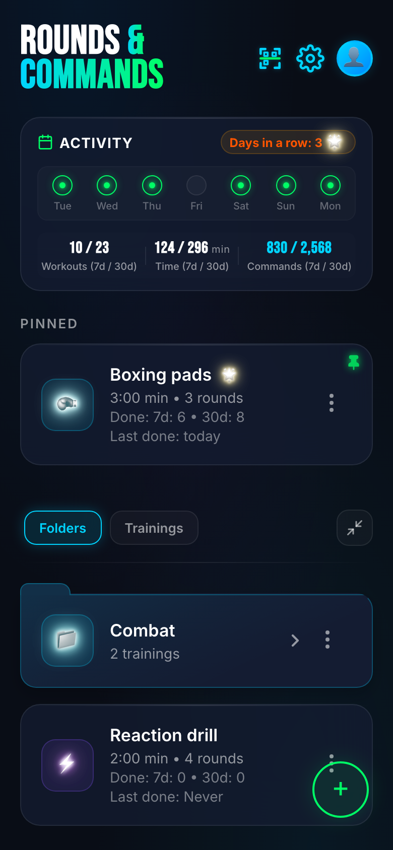 Home — streak, weekly stats and your trainings ready to start.
