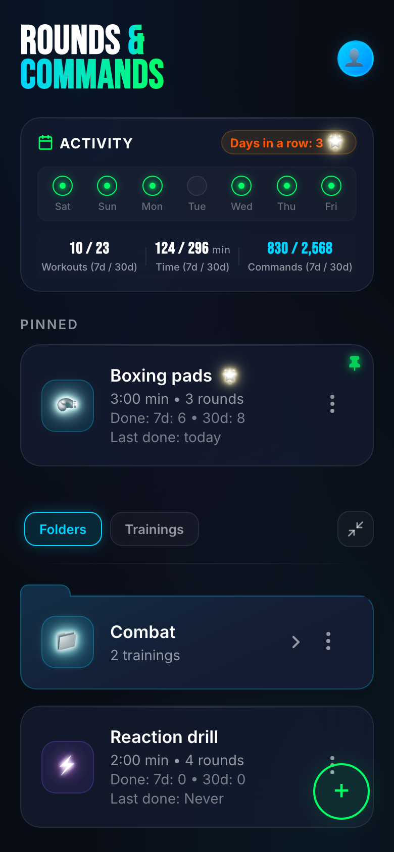 Home — streak, weekly stats and your trainings ready to start.