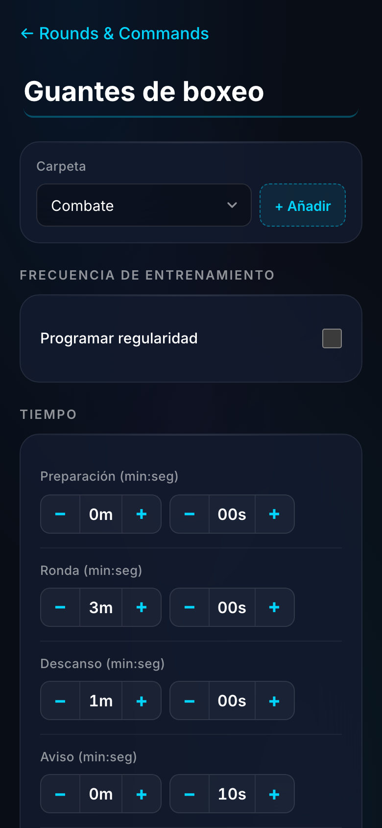 Constructor — rounds, descanso, señales y reglas del aleatorizador.
