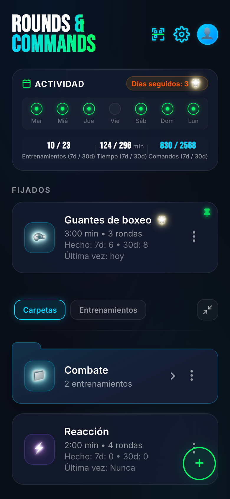 Inicio — racha, stats semanales y entrenos listos para empezar.