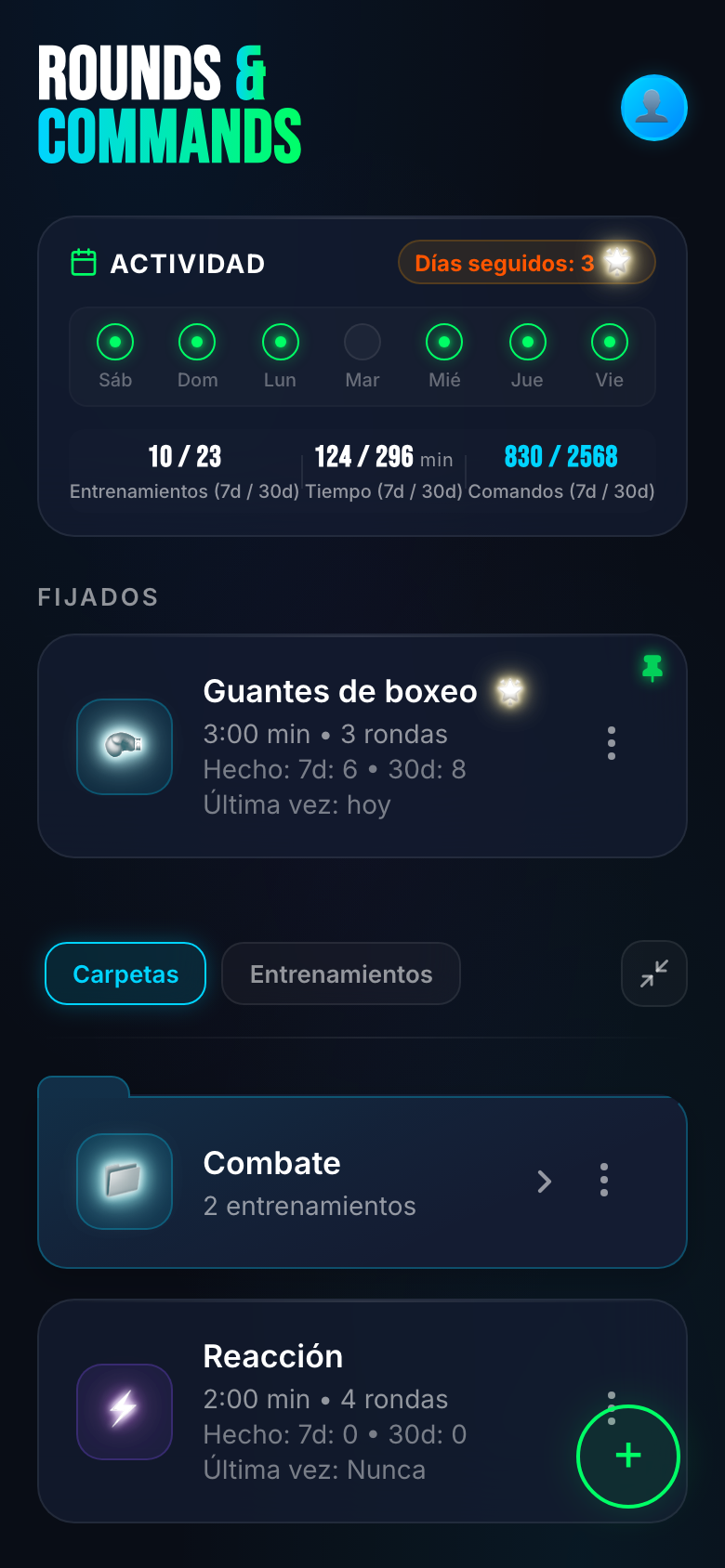 Inicio — racha, stats semanales y entrenos listos para empezar.