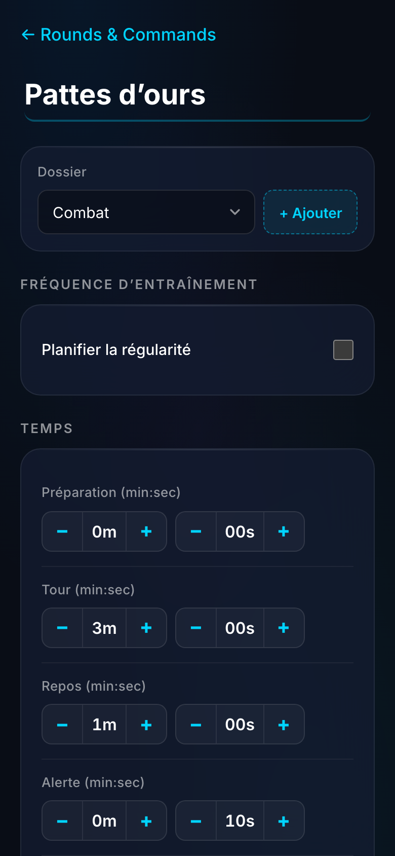 Constructeur — rounds, repos, signaux et règles d’aléatoire.