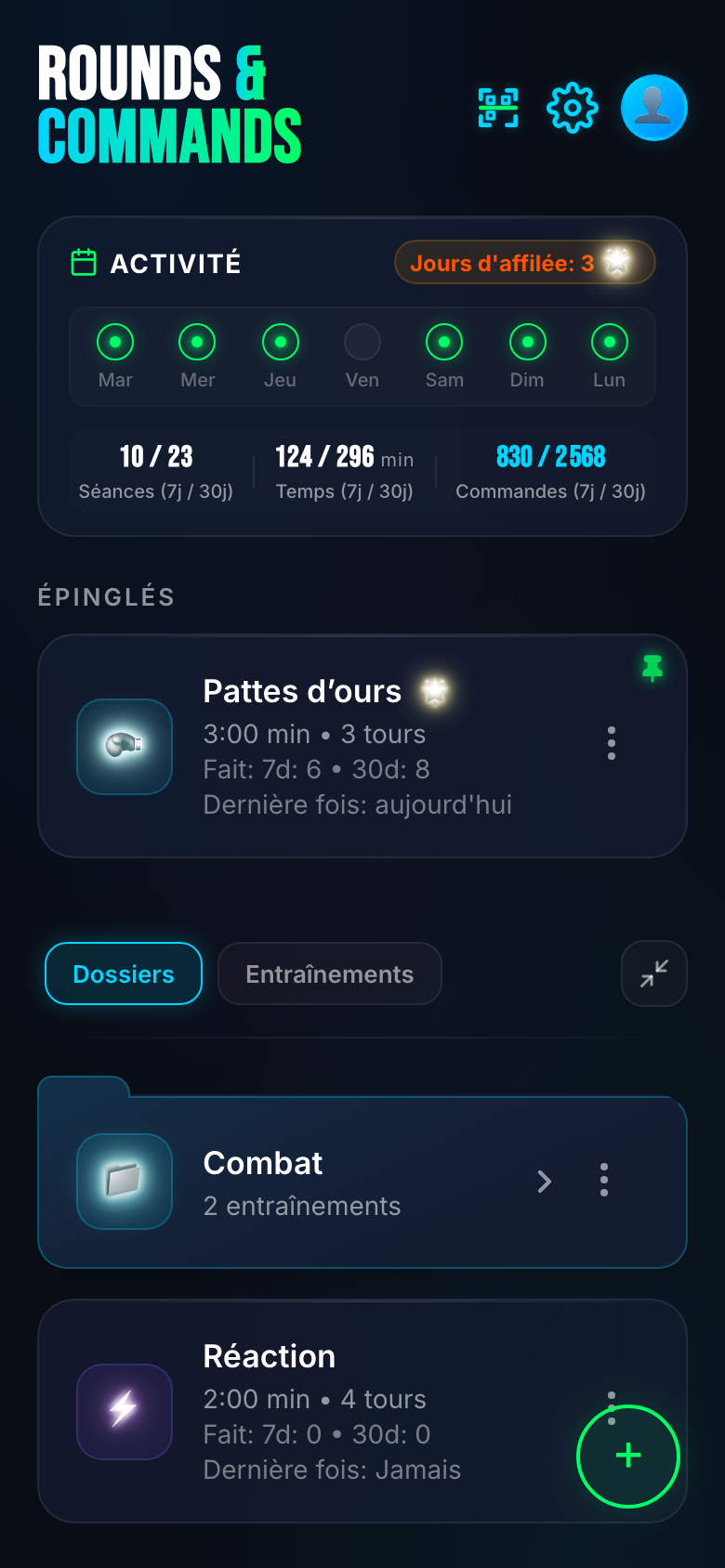 Accueil — série, stats de la semaine et entraînements prêts.