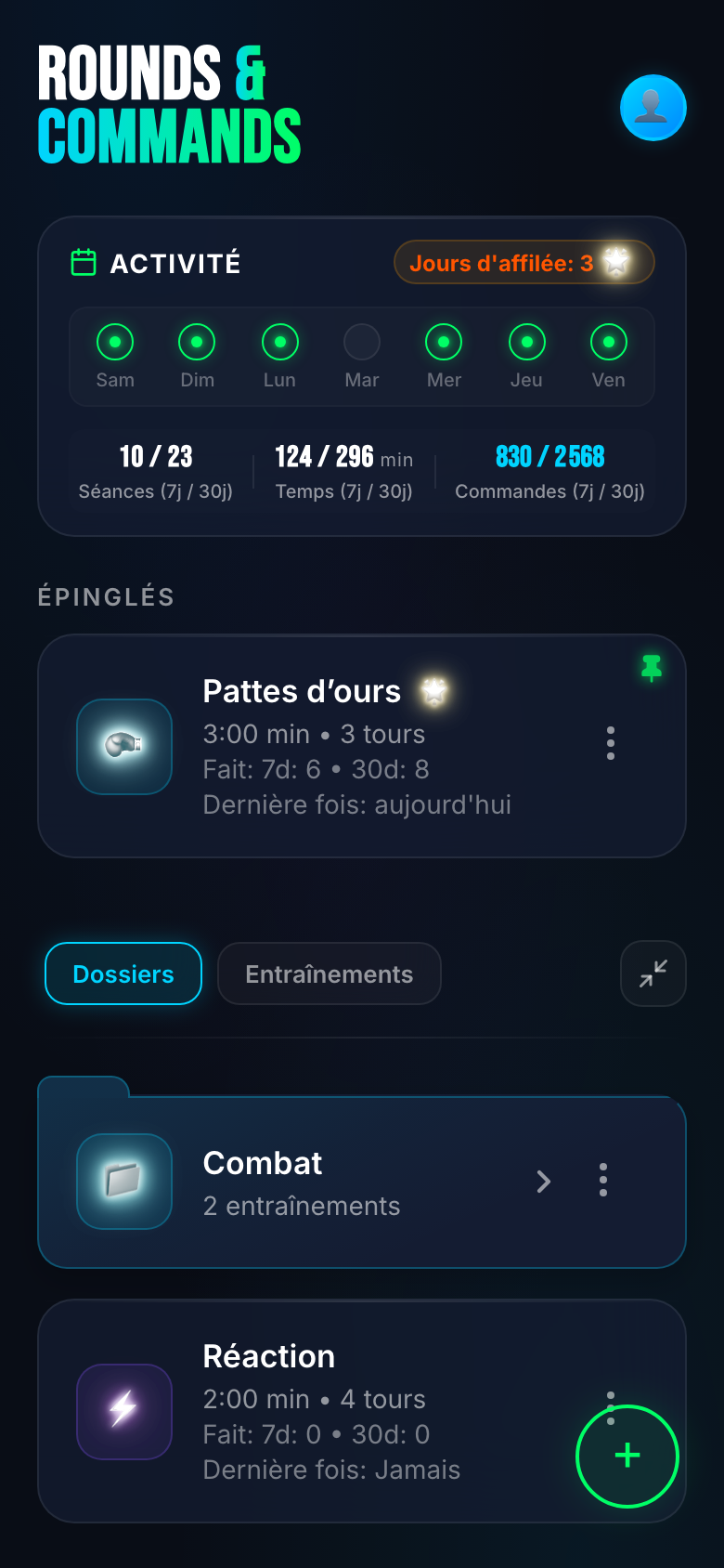 Accueil — série, stats de la semaine et entraînements prêts.