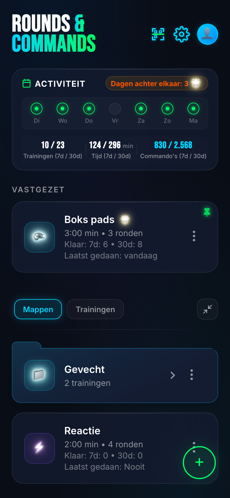 Home — streak, weekstats en trainingen klaar om te starten.