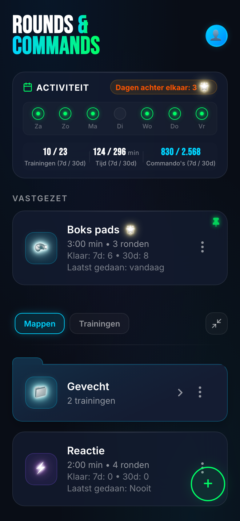 Home — streak, weekstats en trainingen klaar om te starten.